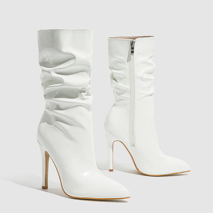 In-Stock European and American Pointed Toe Stiletto Slouch Boots Patent Leather Nude Short High Heel Riding Boots Sizes 35-42