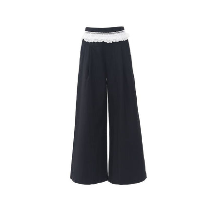Raccoon House # American Retro High-Waisted Lace Splicing Wide-Leg Pants Versatile Drape Floor-Length Dress Pants Casual Pants for Women