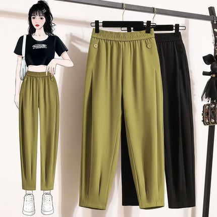 Ice Silk Thin Summer Slimming Jogger Harem Pants New Summer Petite Women's Pants Avocado Green Pants