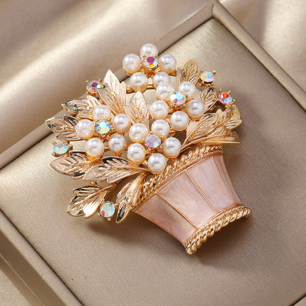New Glazed Pearl Flower Brooch Fashion Flower Basket Potted Pin Ancient Vintage Personalized Rhinestone Accessories