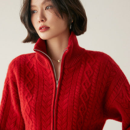 Stand Collar Five-Pin Thickened Cable Heavy Cashmere Cardigan Women's Retro Zipper Long-Sleeved Sweater