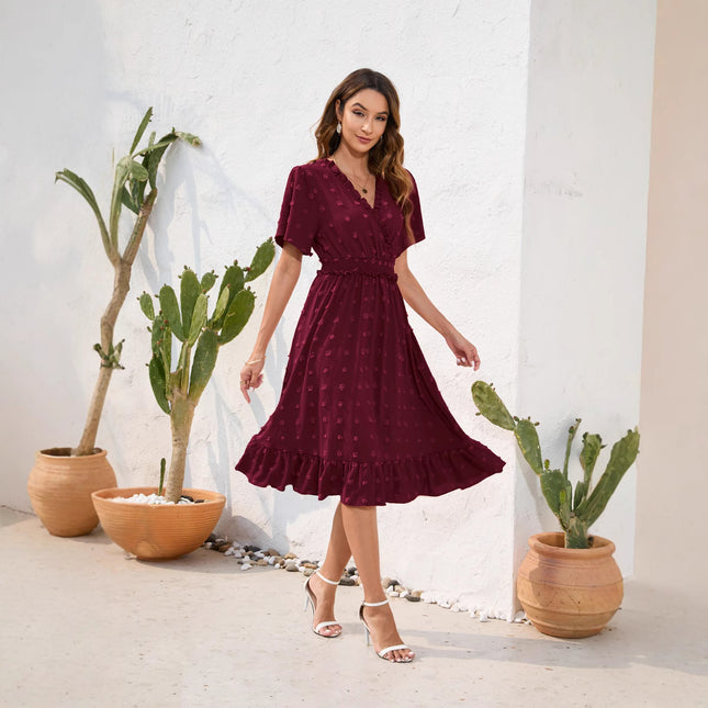 Amazon Cross-Border V-Neck High-Waist Strap Dress Fur Ball Short-Sleeved Dress Casual Vacation Travel Dress