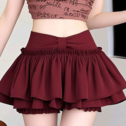 Pure Desire Ballet-Style Red Puffy Skirt for Women, High-Waisted A-Line Tiered Skirt, Anti-Exposure Mini Skirt for Petite Figures