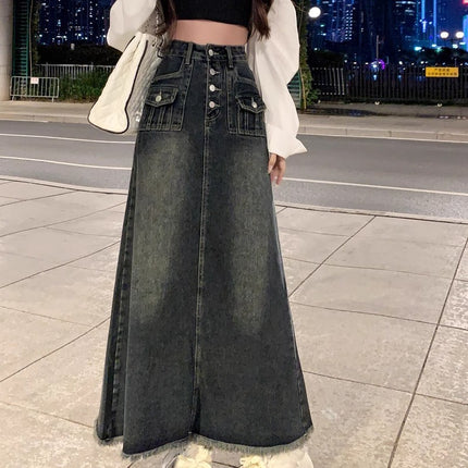 Blue Grey Denim Skirt Women's Trendy All-match New High Waist Slimming Vintage A- Line Mid-length Fishtail Skirt