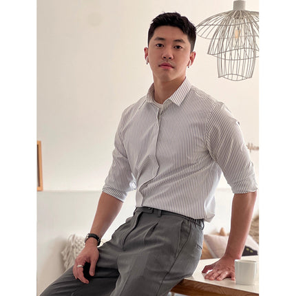 Spring and Autumn Korean Style High-end Sense Light Mature Style Light Business Casual Shirt Men's Slim-fit Hidden Button Long-sleeved Striped Shirt