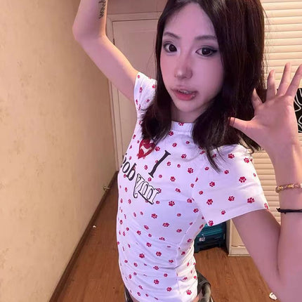 American Style Love Dog Claw Full Print Short Sleeve Shoulder T-shirt Women's Summer Design Hot Girl Slim-fit Slim-fit Short Top