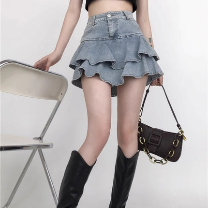 High Waist Fashionable Hot Girl Ruffled Denim Cake Skirt Short Skirt Women's Summer Design Sense Niche A- line Pants Skirt