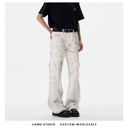 Jiamu Patchwork Dirty American High Street Baggy White Loose Wide-Leg Casual Pants Unisex Straight-Leg Flared Pants