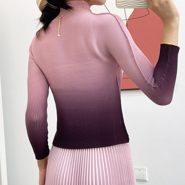 Textured Pleated Bottoming Shirt for Women, Elegant High Collar, Slim Fit, Miyake Non-Balling Gradient Long-Sleeved T-Shirt Top