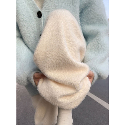 Blue Knitted Wide-Leg Pants for Women, Spring and Autumn 2025 New Style, High-Waisted Casual Straight Narrow Version, Mink Fur Fleece-Lined Glutinous Rice Pants