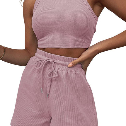 2026 Cross-Border Summer New Style Sleeveless Waffle Set Solid Color Vest Top Tie-Up Shorts Casual Two-Piece Set