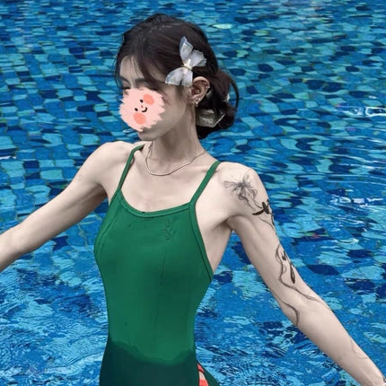 Swimsuit Women's New Professional Triangle One-Piece Racing Swimsuit Conservative Slimming Look Belly-Covering Small Breasts Backless Hot Spring Swimsuit