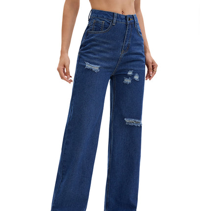 European and American Amazon Women's Fashion 2025 New Ripped High-Waisted Slimming Straight-Leg Floor-Length Jeans Straight Pants