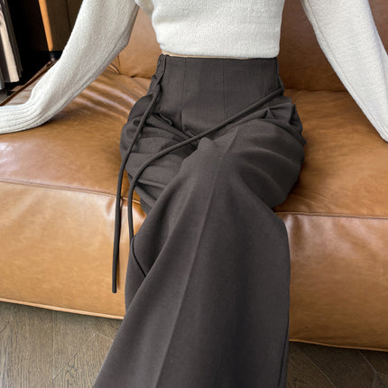 Fleece-Lined High-End Woolen Wide-Leg Pants, Women's Autumn and Winter High-Waisted Loose Floor-Length Straight-Leg Pants, Lazy Style