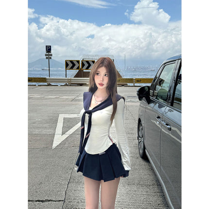 College Style Sexy Suit for Women Summer New T-Shirt Top Pleated Skirt Two-Piece Set for Small People