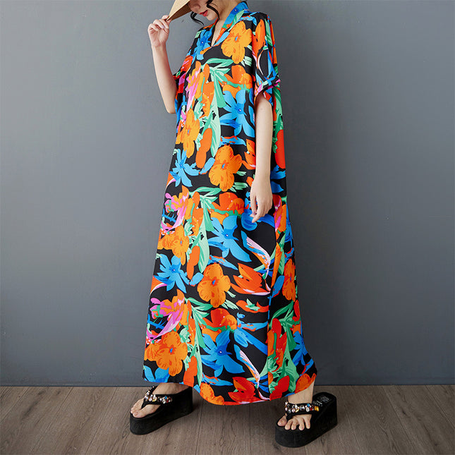 2025 Summer New Bohemian Casual Vacation Dress Women's plus size Loose Short-sleeved Western Style Elegant dress