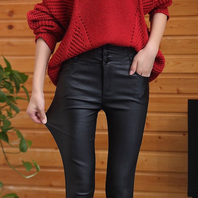 Matte Leather Pants for Women, Versatile High-Waisted Autumn and Winter Velvet Thickened Slimming Look Leggings for Women, Popular Outer Wear Black Leggings