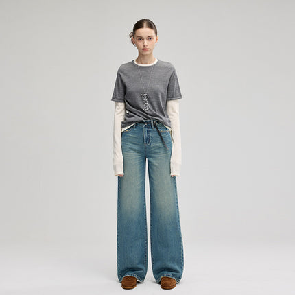 Mbb2026 Spring Women's Jeans, Full Cotton, Heavy-Duty Denim Fabric, American Retro Style, Trendy, Slimming Wide-Leg Floor-Length Pants