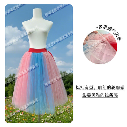European and American Mid-Length Colorful Splicing Mesh Half-Length Petticoat Contrasting Elastic High-Waist Performance Dance Ball Tutu Skirt for Women