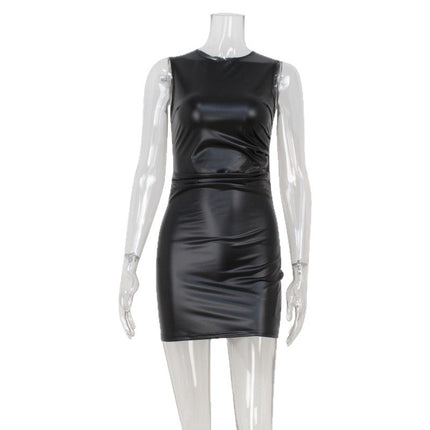 European and American Style Cross-Border New Women's Sleeveless Round Neck Sexy Hot Nightclub Slim Hip-Hugging Pu Dress Women's Wholesale