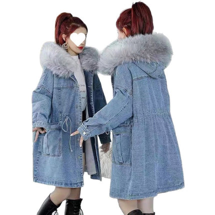 fleece-lined Thickened Denim Cotton-padded Coat Women's Autumn and Winter New Korean Style plus size Loose Western Style All-match Mid-length Cotton-padded Coat