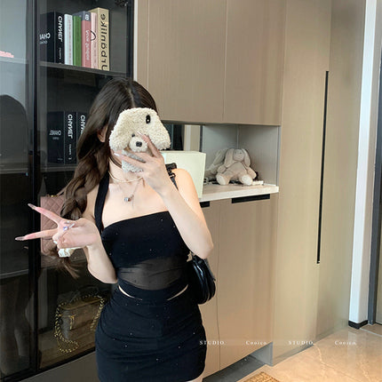 Hot Diamond Mesh Pink Camisole Women's Outer Wear Summer Thai Hot Girl Sexy Halterneck Tube Top Beautiful