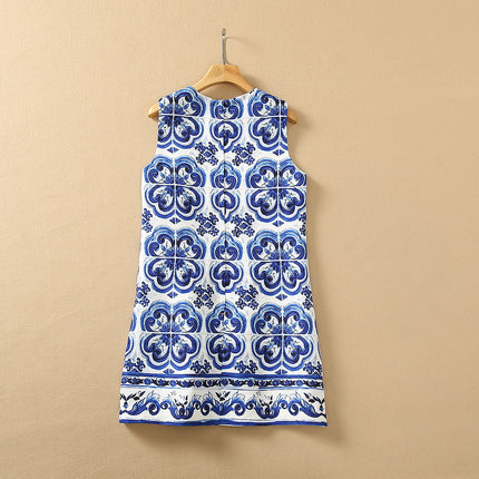 XXL Blue and White Porcelain Refreshing Short Skirt chubby girl Loose Slimming Vest dress Southeast Asian Fashion Women's Clothing