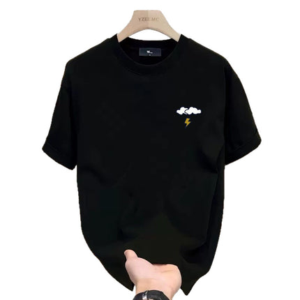 2025 Summer Round Neck Short-Sleeved T-Shirt for Men with Cloud Lightning Embroider Simple Japanese Style Fresh Trendy T-Shirt for Men