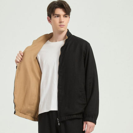 [Lp Version] %Rain Dew Linen Old Money Style Bomber Men's Stand Collar Reversible Jacket Casual Spring and Autumn Jacket