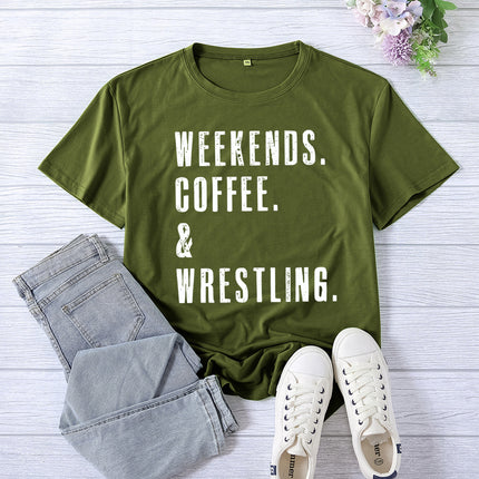 Cross-border Amazon WEEKENDS COFFEE WRESTLING printed short-sleeved women's top T-shirt European code