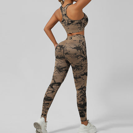 Cross-Border Seamless Tie-Dye Yoga Wear Beautiful Back Sports Bra High Waist Peach Butt Lift Fitness Tights Suit for Women