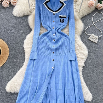 Cross-Border Aliexpress New Color-Blocked Lapel Knitted Dress Embroidered French-Style Long Dress Waist-Cinching Slimming Sweater Dress for Women