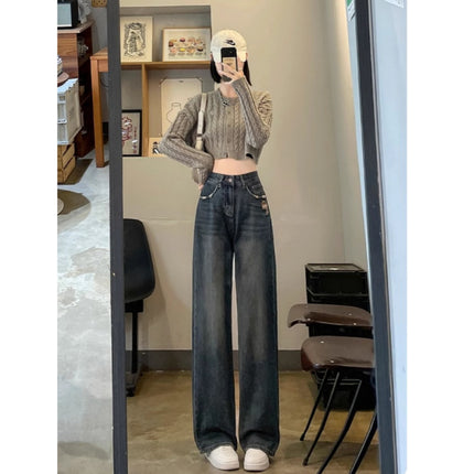 Vintage Slim Look Wide Leg Jeans Women's Fashionable All-match Korean Style High Waist Design Sense Casual Narrow Straight Long Pants