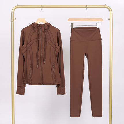 Lulu Df Stamped Hooded Jacket and Cropped Pants Set, Tight-Fitting Stretch Jacket with Gold Zipper, Fitness Yoga Outfit