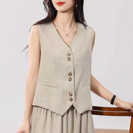 Linen V Neck Vest Cardigan for Women 2025 Summer New Pure Color Sleeveless with Pockets Layered Loose Waistcoat Top