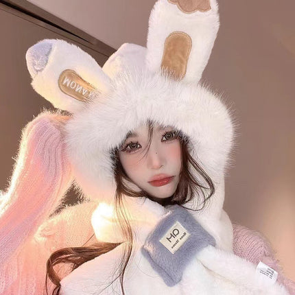 Rabbit Ears Hat Scarf All-In-One Hat for Women Winter Cute Plush Furry Animal Plus Scarf Two-Piece Hat
