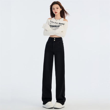 2024 Autumn and Winter New High Waist Double Buckle Slimming Stretch Narrow Straight Jeans for Women JEANS WOMEN