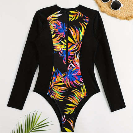 European and American New Cross-Border Sexy One-Piece Hot Spring Surfing Diving Zipper Long-Sleeved Belly-Covering Slimming Printed Swimsuit for Women