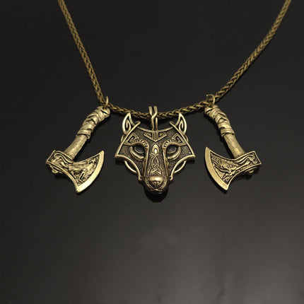 Cross-border explosions retro Norwegian style Nordic Viking Celtic wolf head double axe pendant necklace jewelry wholesale