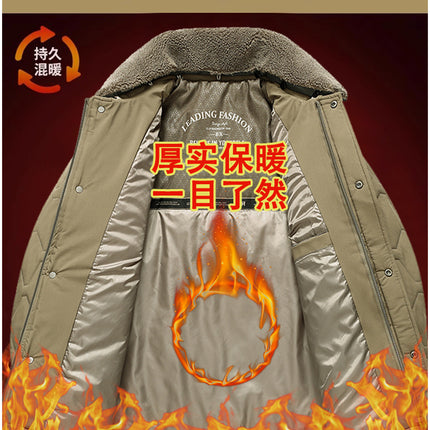 Men's Winter Thickeneded Quilted Warm Cotton Outwear with Removable Fur Collar for Middle-Aged Dads Lapel Cotton Top 2566