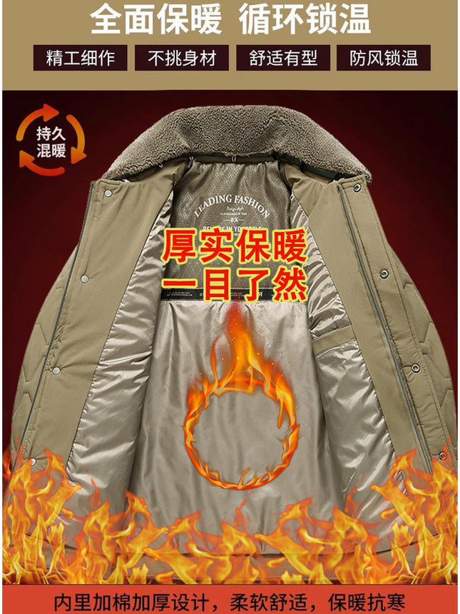 Men's Winter Thickeneded Quilted Warm Cotton Outwear with Removable Fur Collar for Middle-Aged Dads Lapel Cotton Top 2566
