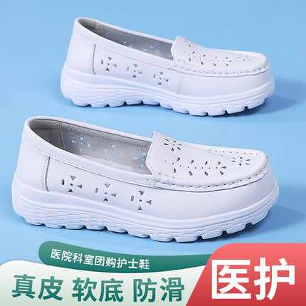 Nurse Shoes for Women, Hollow-Out White Soft-Soled Breathable Non-Tiring Non-Slip Thick-Soled Height-Increasing Medical Black Work Shoes for Mothers
