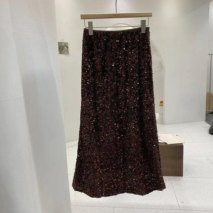 plus size Glittering Sequins Rear Split Skirt Women's High Waist Slimming Autumn and Winter Straight Skirt Small Skirt chubby girl