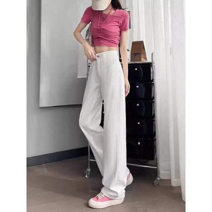 White Wide-Leg Jeans Women's Fashionable All-Match High Waist Slimming Loose plus size chubby girl Narrow Style Straight Pants