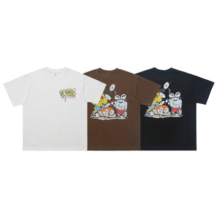 LawFoo national fashion American retro heavy 285g cotton cartoon mouse print loose version couple T-shirt fashion
