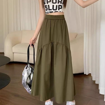 Summer Army Green pleated pleated skirt for children 2024 new small elastic waist A- line long skirt worker