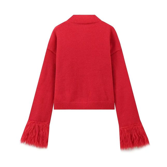 European and American Style Women's Clothing, Popular Cross-Border Product, Lazy and Versatile, Solid Color Spliced Feather Knit Cardigan
