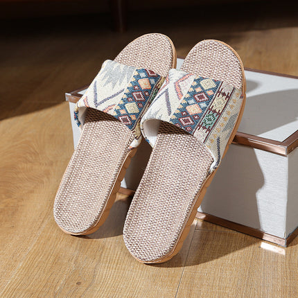 Four Seasons Home Linen Slippers Fashion Printed Thick Sole Non-Slip Sweat-Absorbent Wear-Resistant Large Sole Couple Linen Slippers Ethnic Style