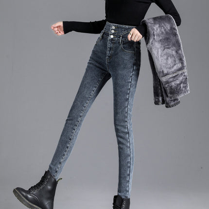Super High Waist Jeans Women's Skinny 2024 Autumn and Winter New Fashionable fleece-lined Thickened Slimming Tall Pencil Pants