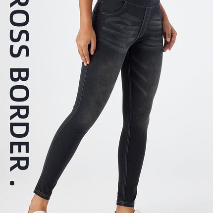 Cross-Border New High-Waisted Whiskered Straight-Leg Skinny Yoga Jeans for Women, Slimming High-Stretch Pocket Casual Pants